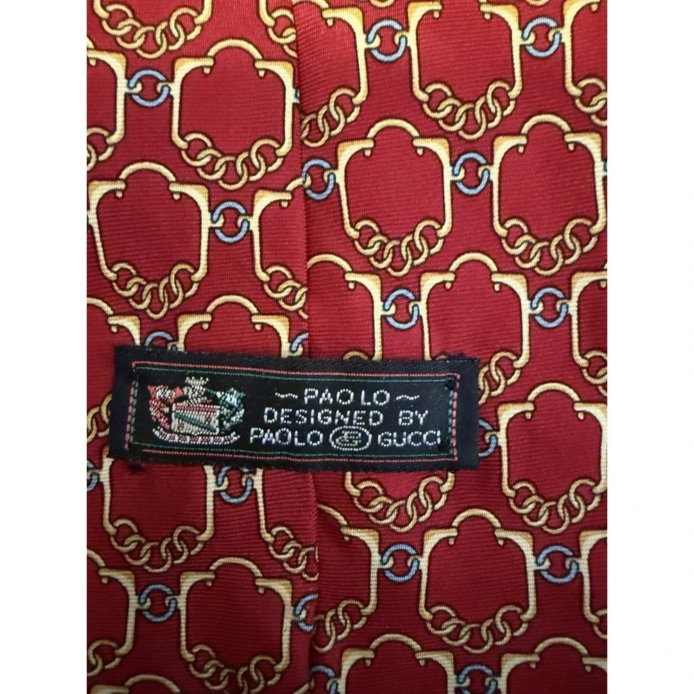 Vintage Paolo‎ Gucci Silk Tie Red W/ Gold Links Equestrian Geometric L:58